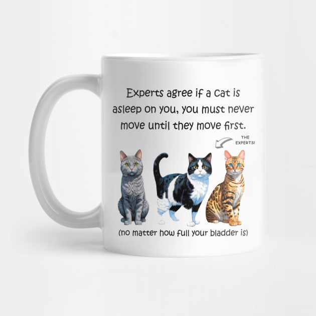 Experts agree if a cat is asleep on you, you must never move until they move first - no matter how full your bladder is - funny watercolour cat design by DawnDesignsWordArt